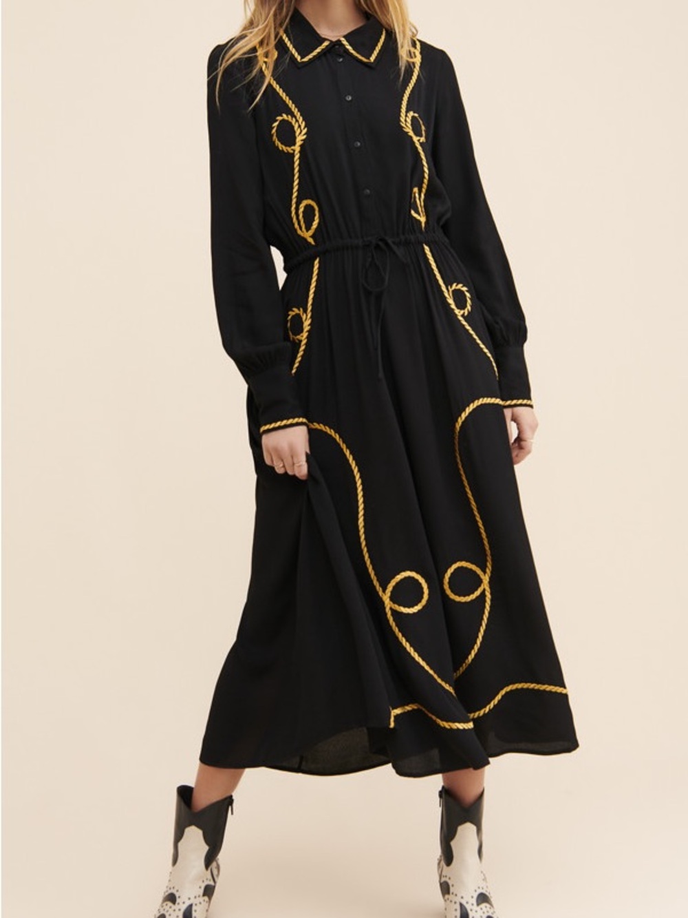 Just Wylie Midi Dress with Gold Rope Embroidery